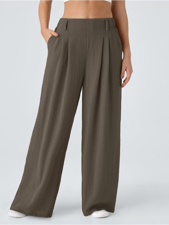 HALARA Pants - H High Waisted Pocket Wide Leg Flowy Solid Palazzo Casual Linen-Feel Pants